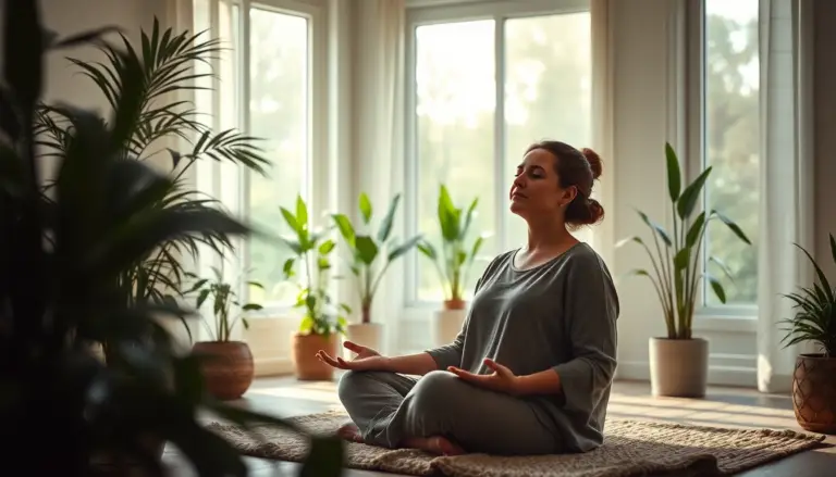 Femme pratiquant la sophrologie dans un environnement zen, illustrant l'apaisement et la gestion de la douleur.