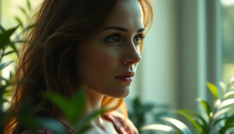 Femme sereine entourée de plantes, représentant l'équilibre hormonal et le bien-être naturel, symbole de la naturopathie.