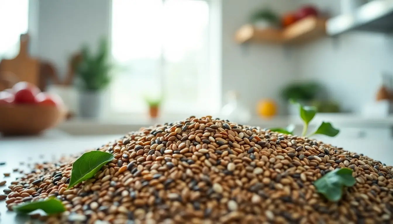 Graines de lin et de chia dans une cuisine moderne, symbolisant leurs bienfaits pour la santé digestive.