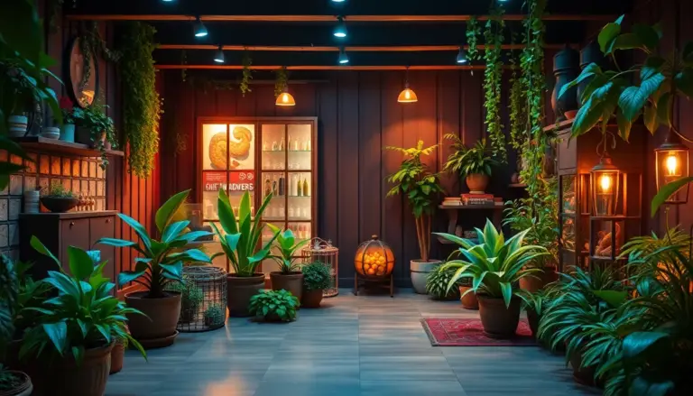 Intérieur avec des plantes et des compléments pour la santé intestinale, illustrant la connexion entre le microbiote intestinal et cutané.