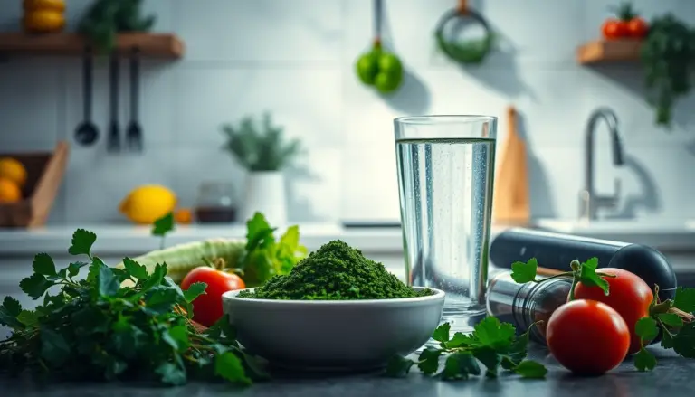 Scène de cuisine illustrant la spiruline en poudre entourée de légumes frais et d'un verre d'eau, symbolisant la santé naturelle et la digestion.
