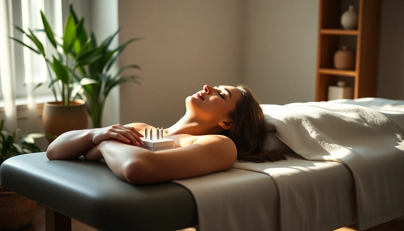 Séance d'acupuncture avec une femme détendue sur une table moderne, mettant en avant le bien-être et la sérénité.