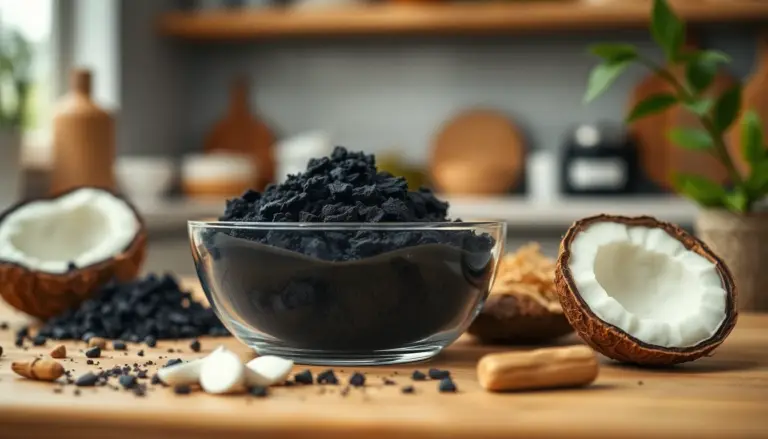 Charbon activé dans un bol en verre, entouré d'ingrédients naturels, offrant une ambiance apaisante.