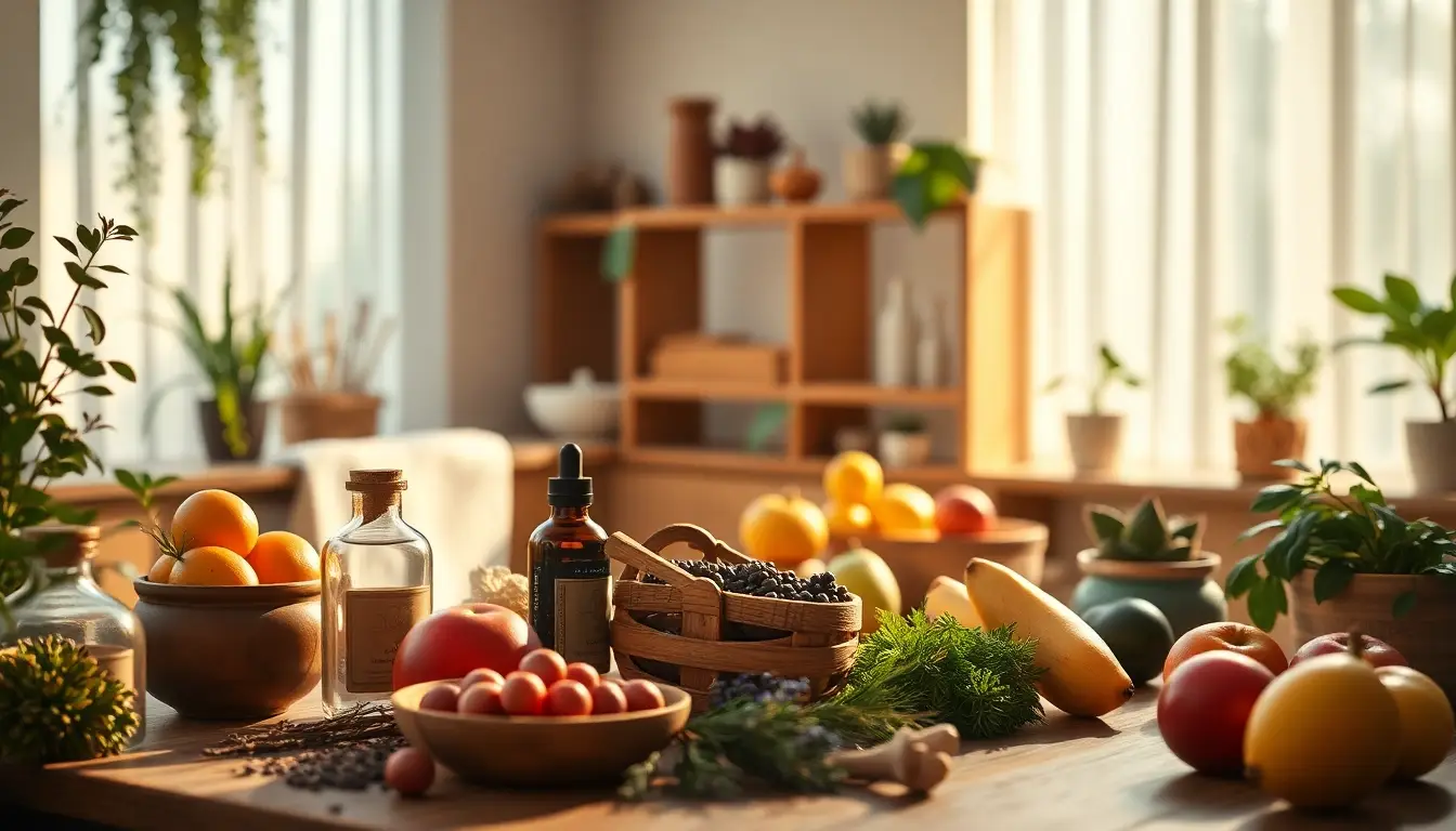 Consultation en naturopathie avec des herbes, huiles essentielles et fruits frais, créant une atmosphère apaisante.