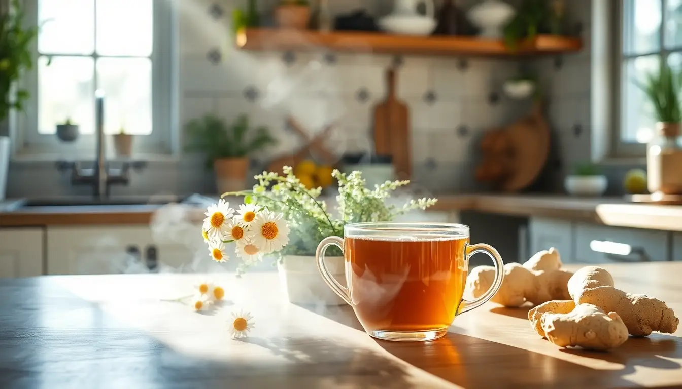 Cuisine sereine avec des remèdes naturels comme la camomille et le thé au gingembre, illustrant une atmosphère apaisante pour la santé digestive.