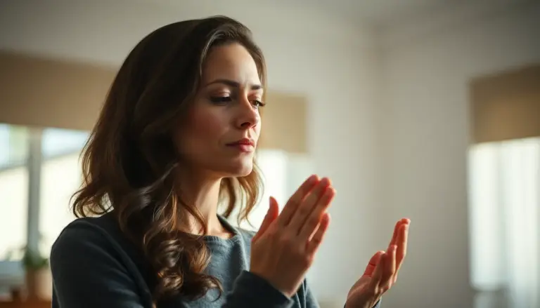 Femme pratiquant la Technique de Libération Émotionnelle (EFT) dans une salle lumineuse, mettant l'accent sur le bien-être émotionnel.