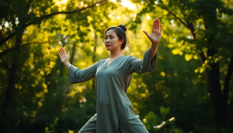Femme pratiquant le Qi Gong à l'extérieur, entourée de verdure, évoquant la sérénité et le bien-être.