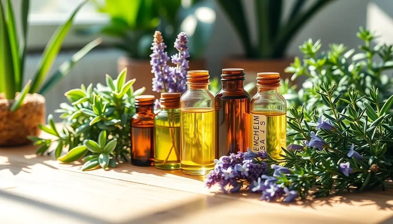 Composition d'huiles essentielles comme la sauge, le géranium, la lavande et le romarin sur une surface en bois, entourée de plantes vertes.