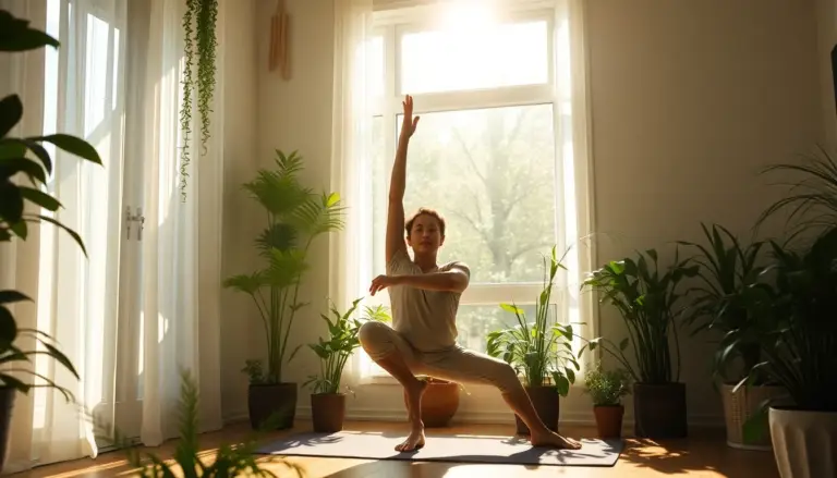 Personne pratiquant le yoga le matin dans une pièce ensoleillée, entourée de plantes, illustrant l'importance de l'exposition à la lumière pour les rythmes biologiques.