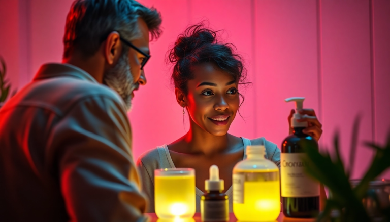 Discussion entre un adulte et un adolescent sur les soins naturels contre l'acné, mettant en avant des produits de soin de la peau.