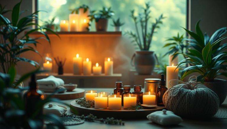Ambiance Spa avec huiles essentielles, bougies et plantes, représentant les bienfaits de l'aromathérapie pour le bien-être.