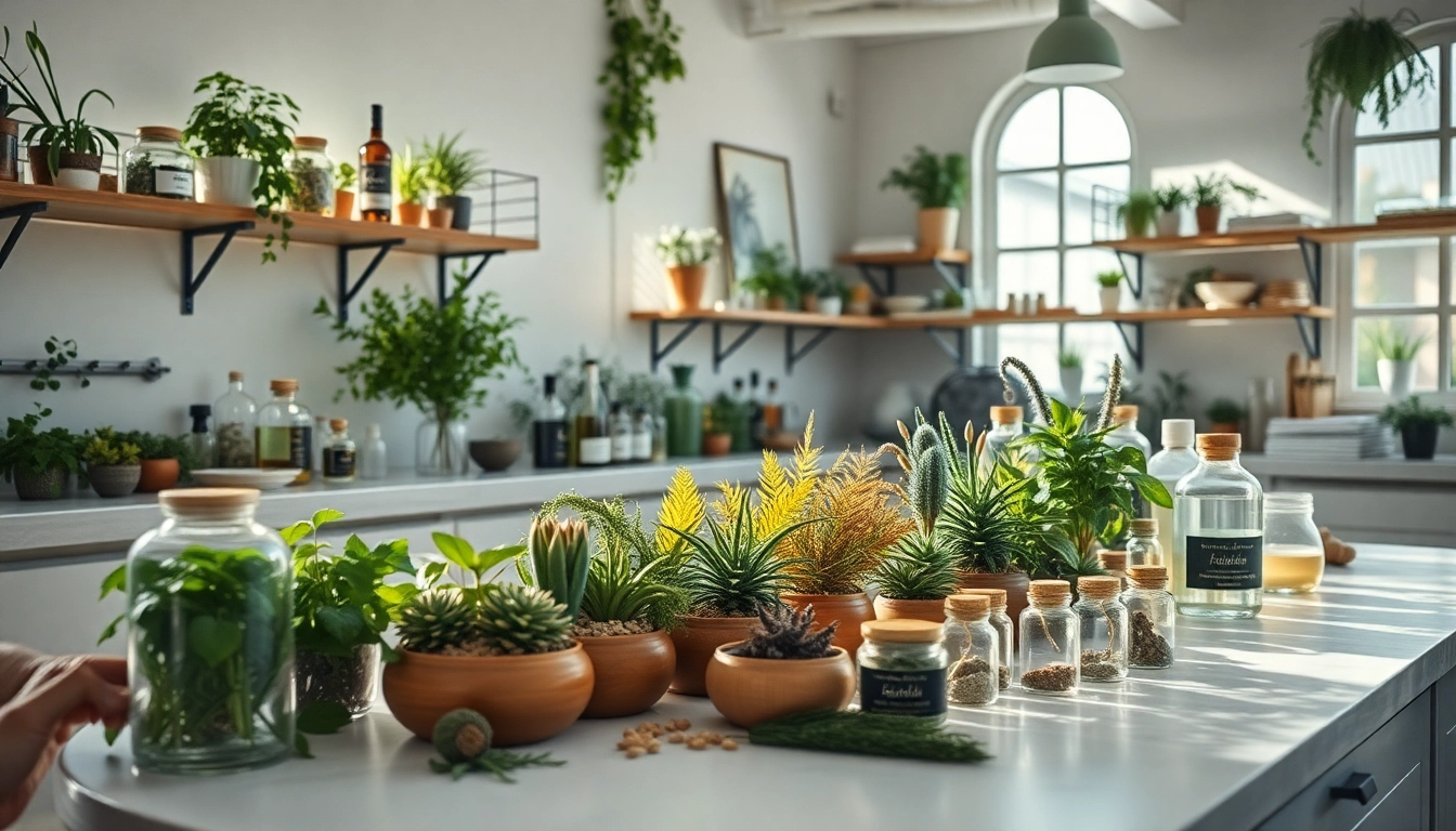 Atelier de phytothérapie moderne avec des préparations de plantes médicinales, mettant en valeur des herbes vibrantes et des produits thérapeutiques.