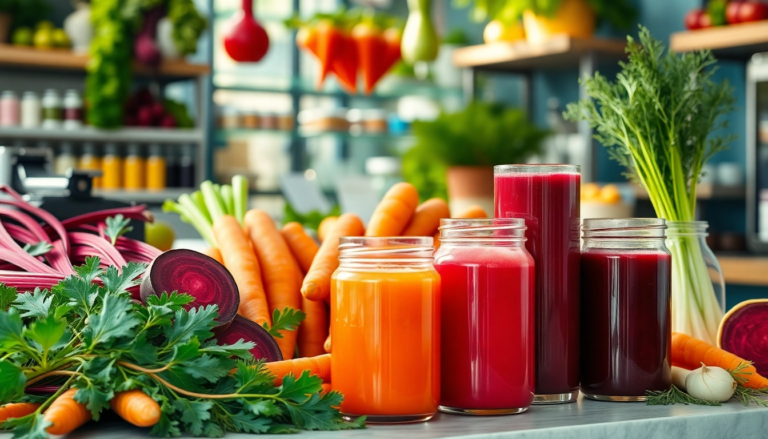 Bar à jus coloré avec betteraves, carottes et fenouil, illustrant les bienfaits des jus de légumes pour la santé.
