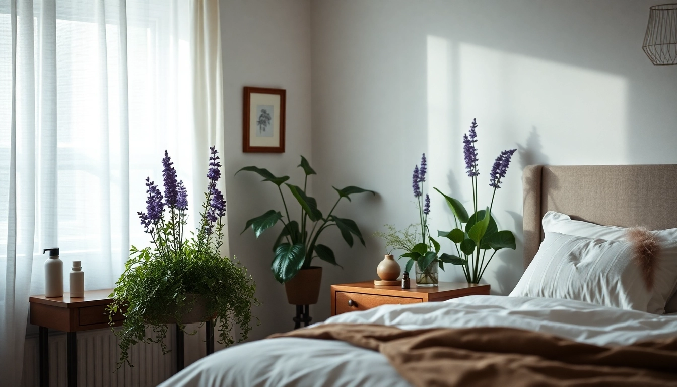 Chambre tranquille avec des plantes comme la valériane et la lavande, huiles essentielles sur la table de nuit pour améliorer le sommeil.
