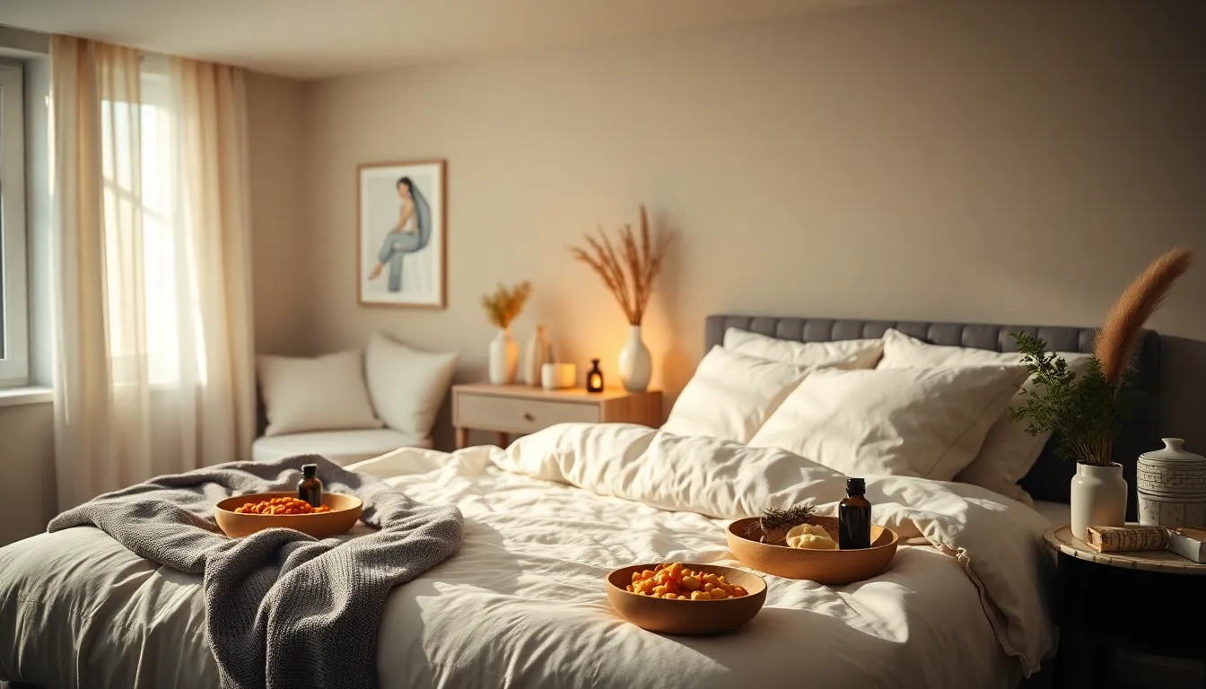 Chambre sereine avec huiles essentielles et collations saines pour améliorer la qualité du sommeil.