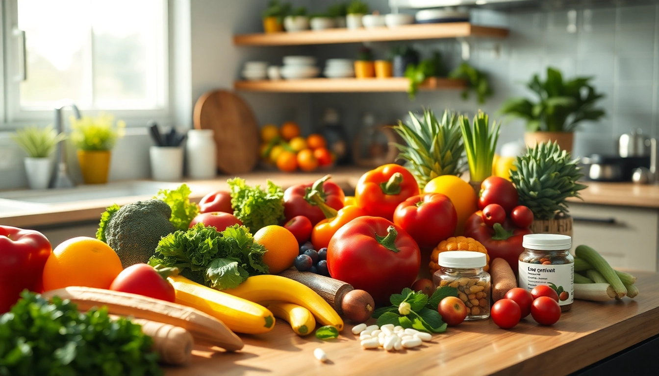 Comptoir de cuisine rempli de fruits, légumes et compléments, illustrant la Nutrition Cellulaire Active.