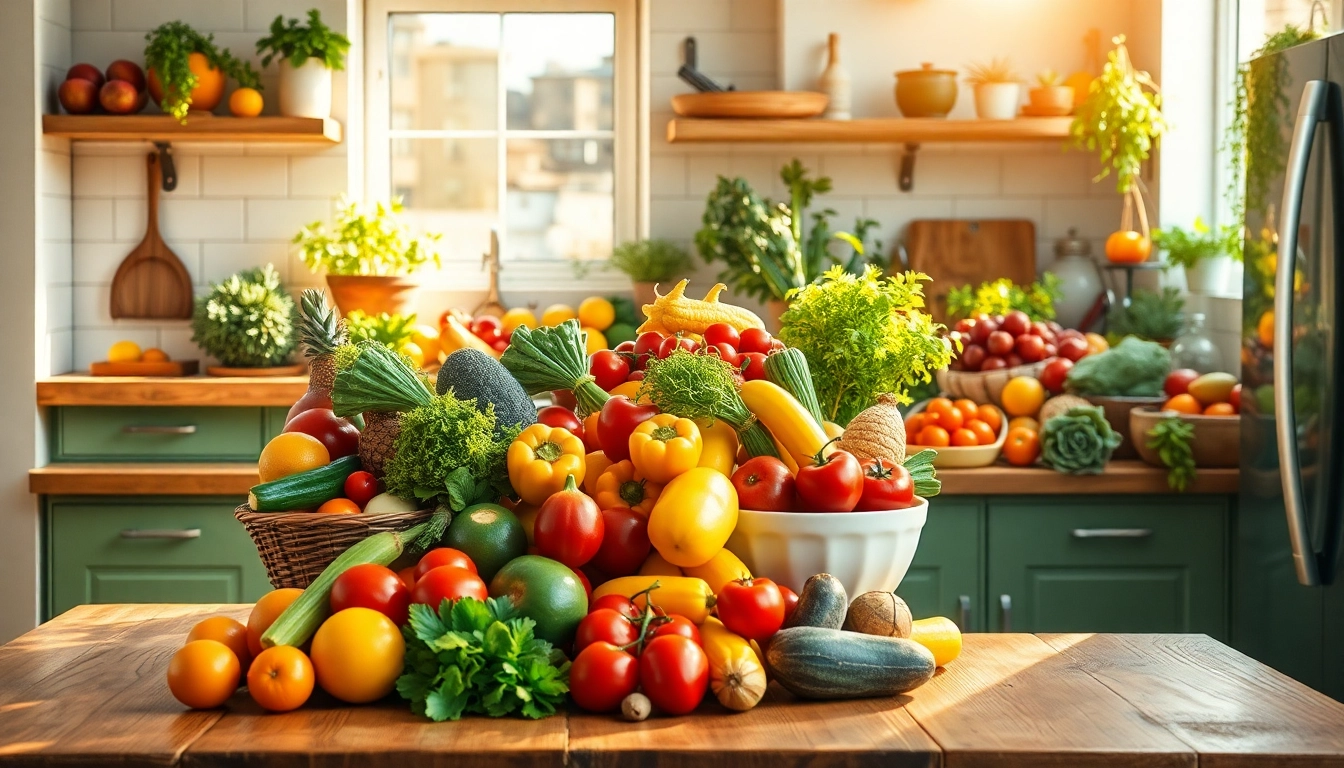Cuisine moderne avec des fruits et légumes frais montrant une alimentation équilibrée pour une santé optimale.