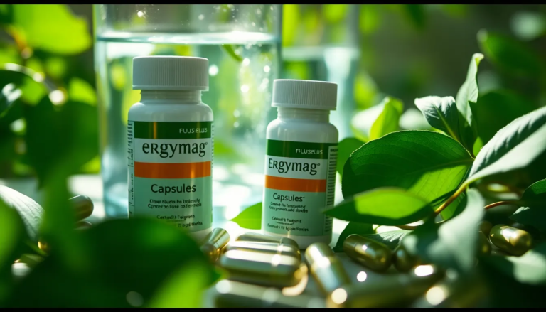 Gélules Ergymag entourées de feuilles vertes, illustrant les bienfaits naturels sur la santé.