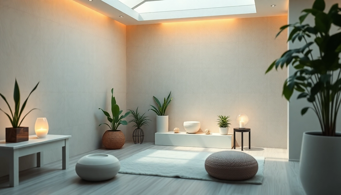 Espace de bien-être apaisant pour la méditation, avec huiles essentielles et plantes, illustrant la gestion du stress.