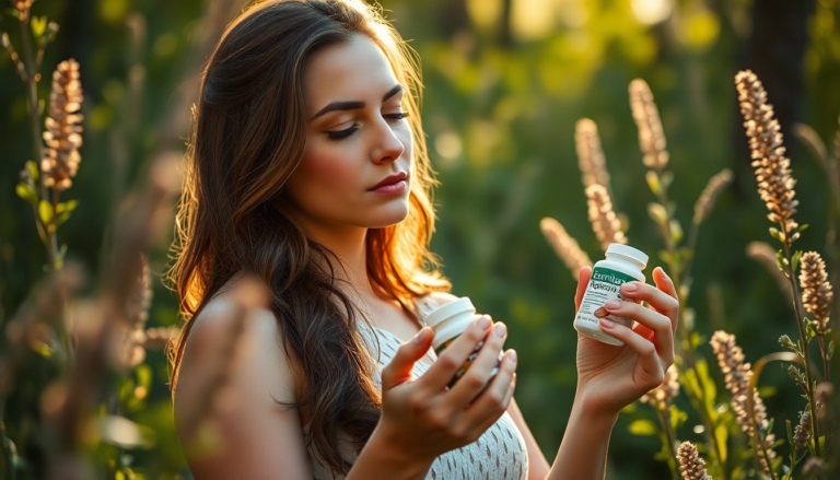 Femme en harmonie avec la nature, tenant des suppléments, symbolisant l'équilibre hormonal et le bien-être.