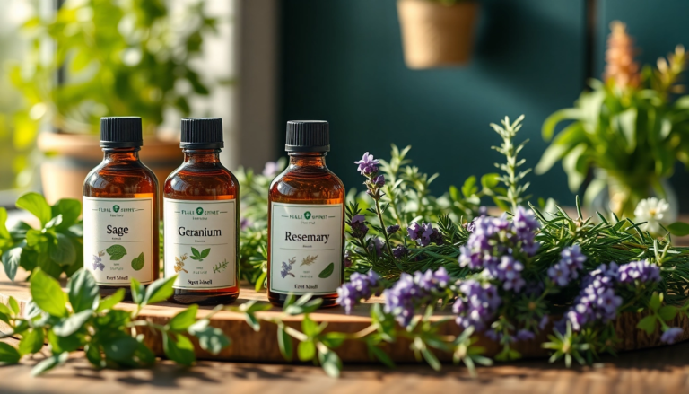 Bouteilles d'huiles essentielles de sauge, géranium, lavande et romarin sur une table en bois, entourées de plantes fraîches.