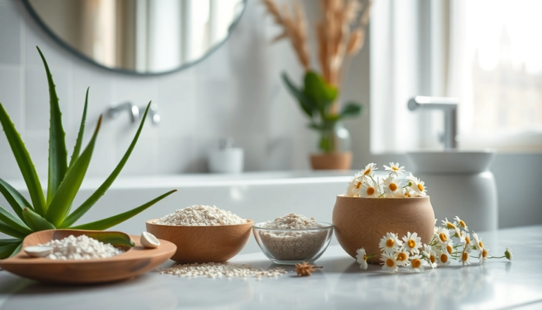 Ingrédients naturels pour soulager l'eczéma : aloe vera, flocons d'avoine et camomille dans un cadre de salle de bain apaisant.