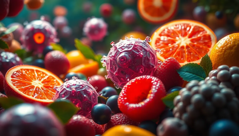 Illustration de la Nutrition Cellulaire Active avec des cellules revitalisées, fruits frais et nutriments essentiels.