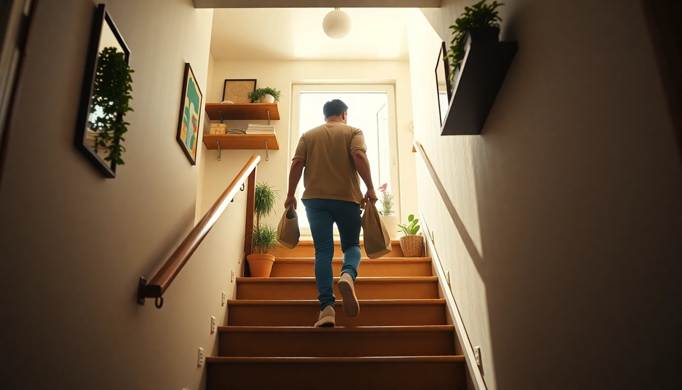 Personne marchant dans les escaliers avec des courses, illustrant le concept de NEAT dans un environnement moderne.