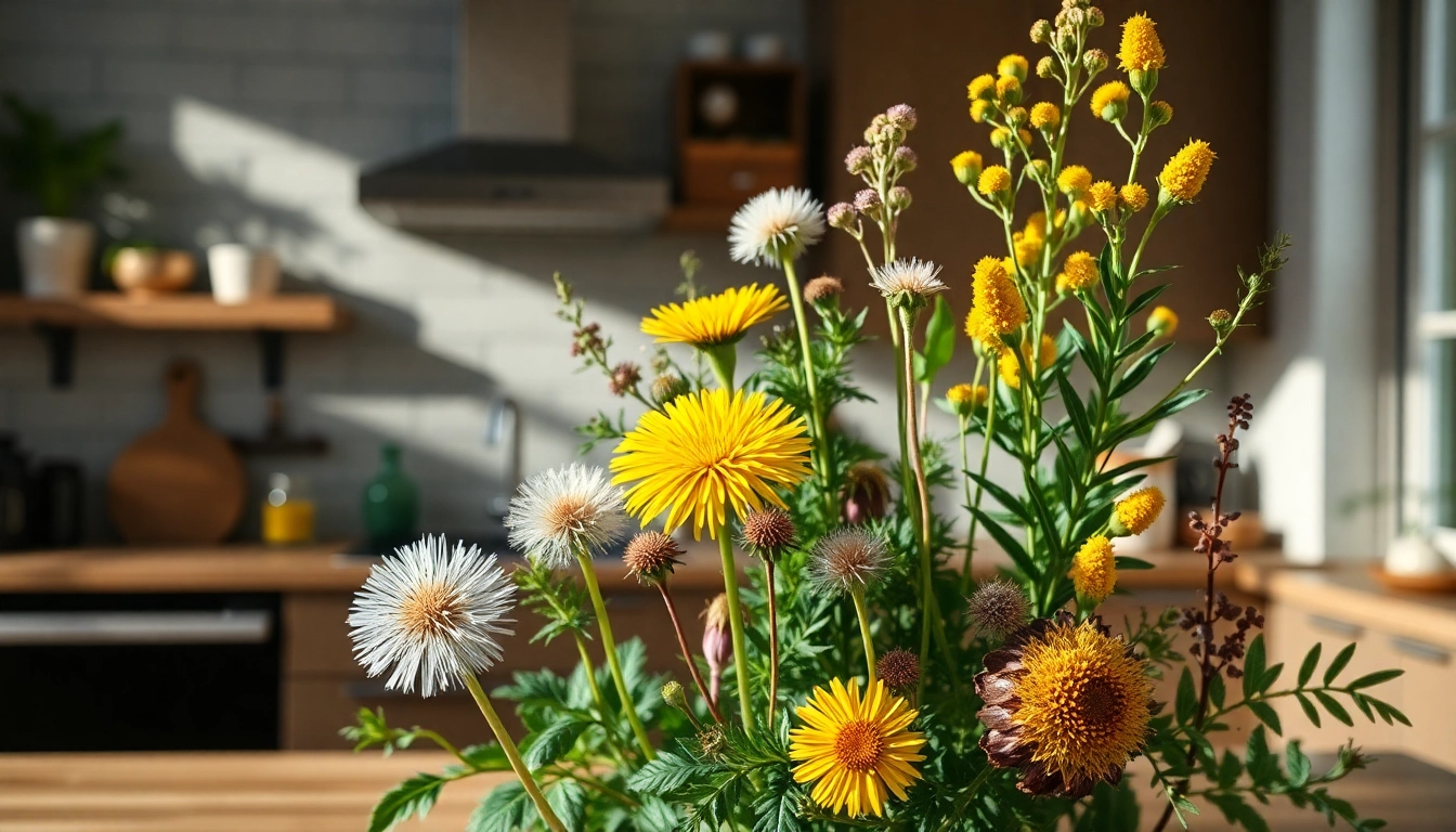 Plantes médicinales pour détoxification naturelle comme le chardon-Marie et le pissenlit, mises en scène dans une cuisine moderne.