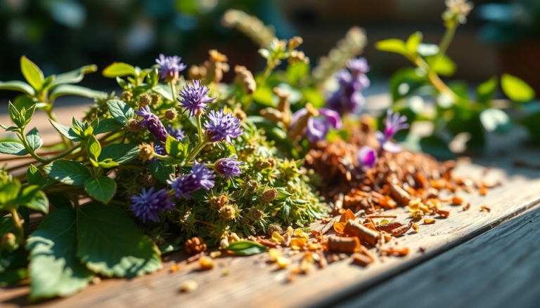 Gattilier et Alchemille en gros plan sur une table en bois, mettant en avant leurs textures et couleurs naturelles.