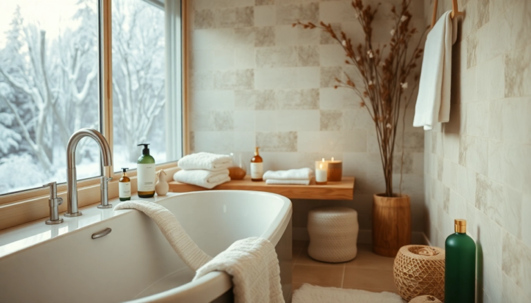 Espace de soins avec produits naturels pour la peau atopique en hiver, créant une ambiance douce et relaxante.