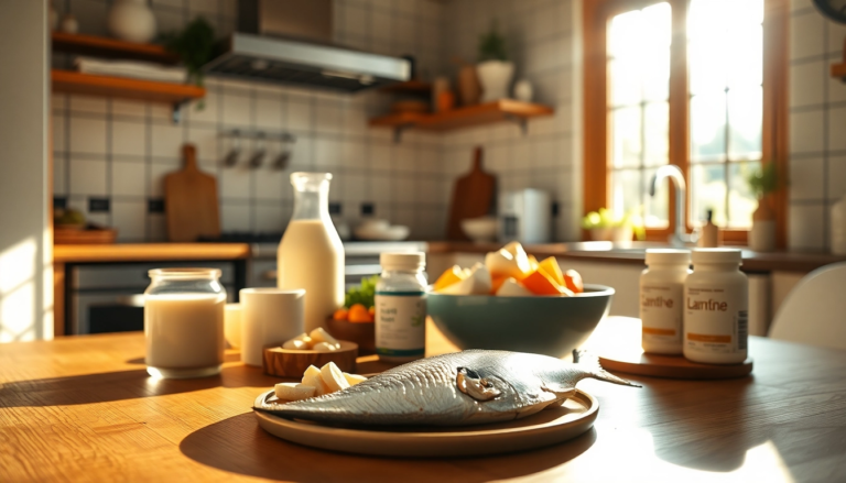 Scène de cuisine avec des produits laitiers et du poisson gras soulignant l'importance du calcium et de la vitamine D pour la santé osseuse.