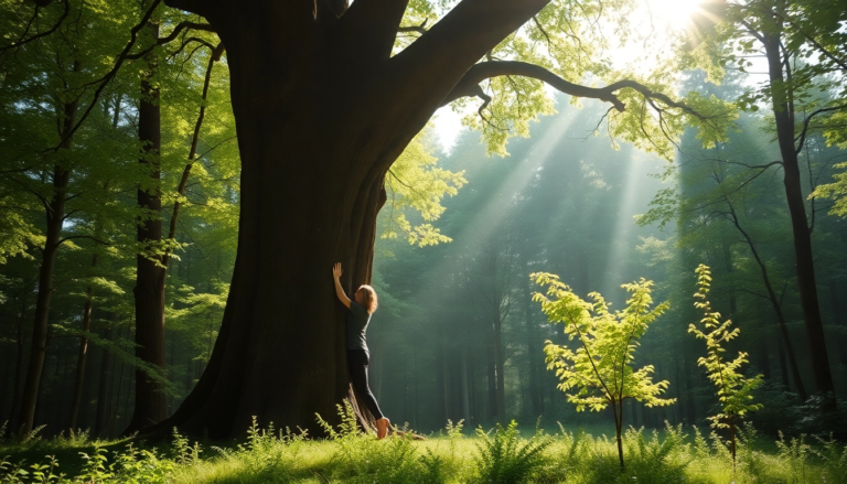 Une personne pratiquant la sylvothérapie en étreignant un arbre dans une forêt verdoyante, baignée de lumière douce.