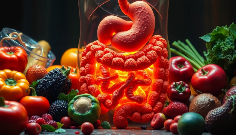 Système digestif sain illustré avec des fruits et légumes colorés, mettant en avant les aliments prébiotiques bénéfiques pour la santé intestinale.