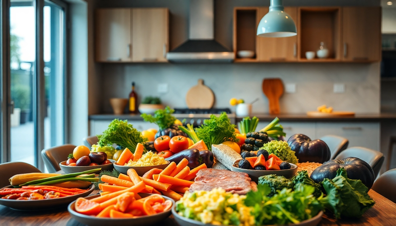 Table de repas saine avec légumes colorés et protéines maigres dans une cuisine moderne et lumineuse.