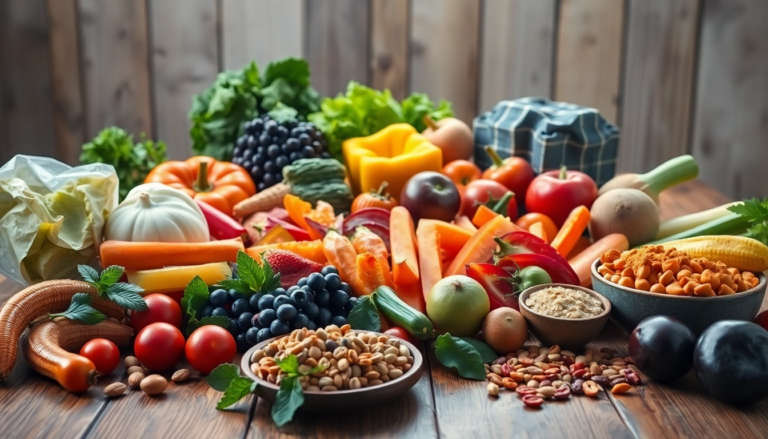 Variété d'aliments anti-inflammatoires colorés disposée sur une table, incluant fruits, légumes et légumineuses.