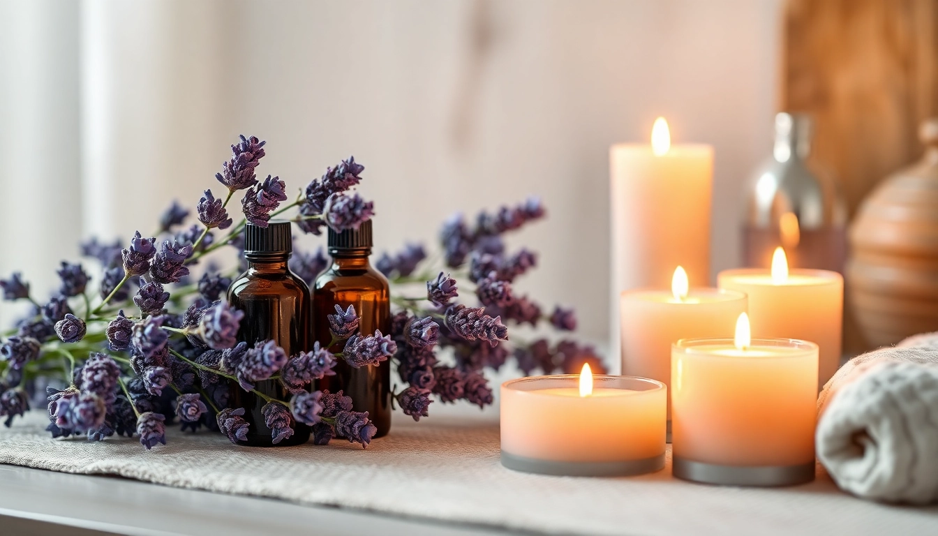 Ambiance relaxante d'un spa avec des bouteilles d'huiles essentielles, des fleurs de lavande et des bougies apaisantes.