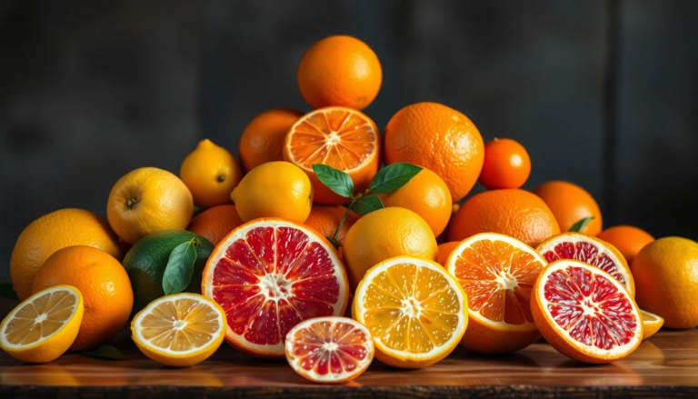 Assortiment d'agrumes riche en vitamine C sur une table en bois, essentiel pour renforcer le système immunitaire.