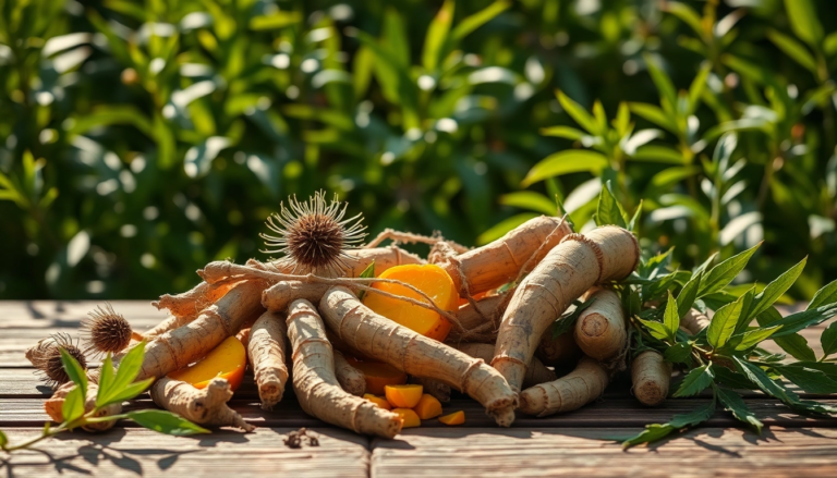 Chardon-Marie et Curcuma sur une table en bois, symbolisant la détoxification naturelle.