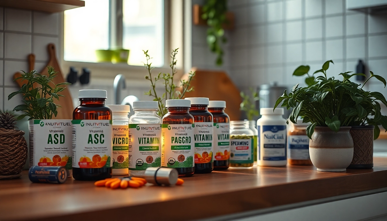 Compléments naturels pour renforcer le système immunitaire, incluant des gélules de spiruline et des flacons de vitamine D3 sur un plan de travail moderne.