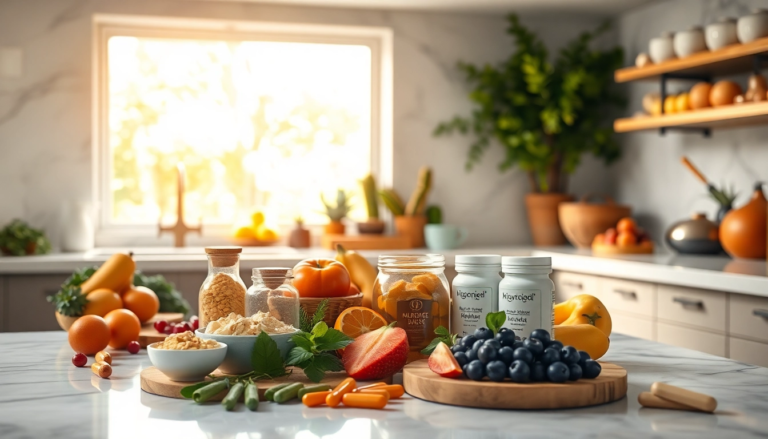 Cuisine moderne avec ingrédients naturels et compléments alimentaires, illustrant la nutrition cellulaire active et le mieux-être.