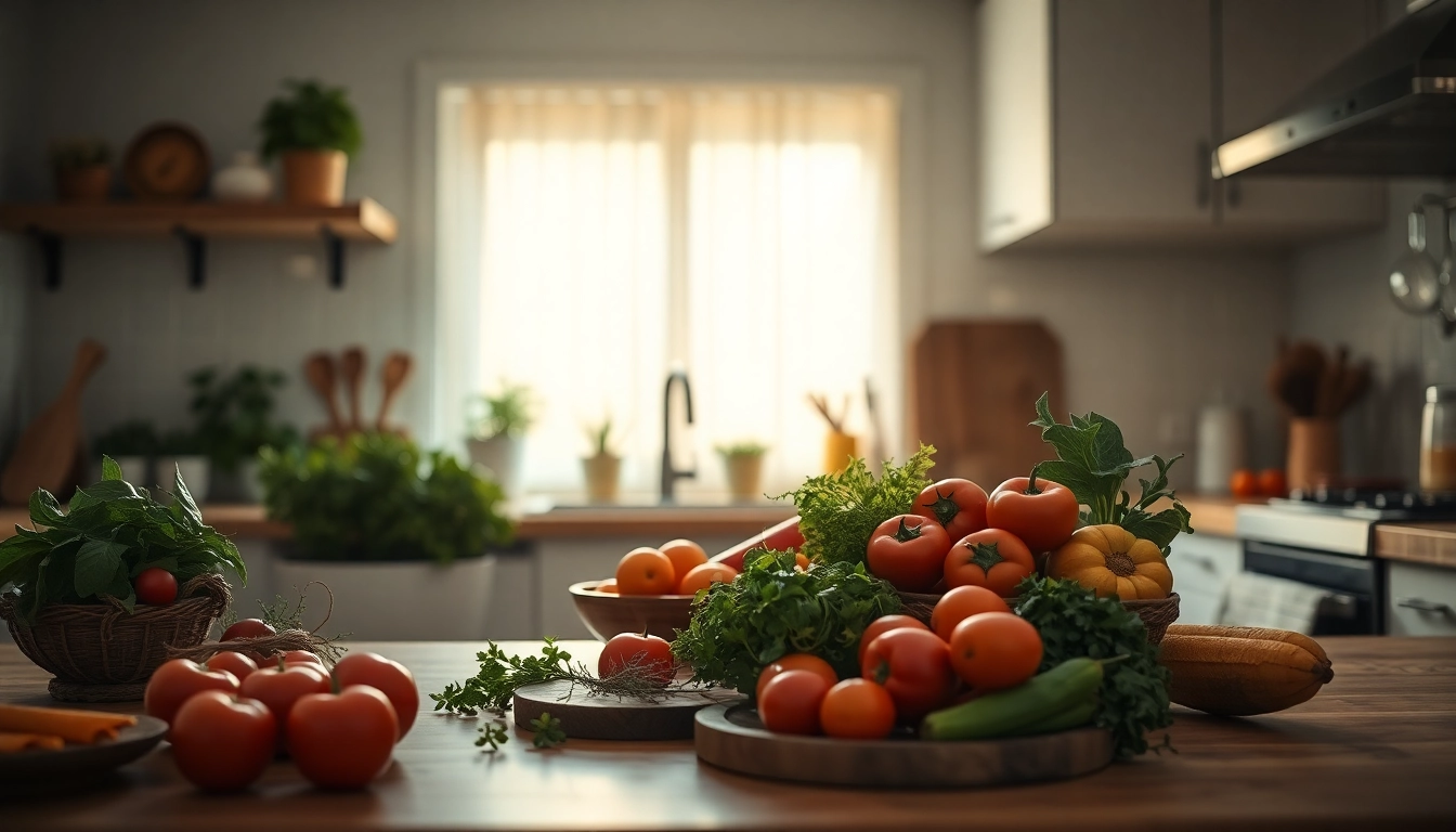 Cuisine moderne avec des légumes frais et des aliments riches en oméga, promouvant un mode de vie équilibré pour les femmes ménopausées.