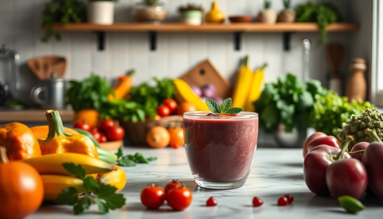 Scène de cuisine saine avec des fruits et légumes frais, mettant en avant une alimentation équilibrée et un mode de vie sain.