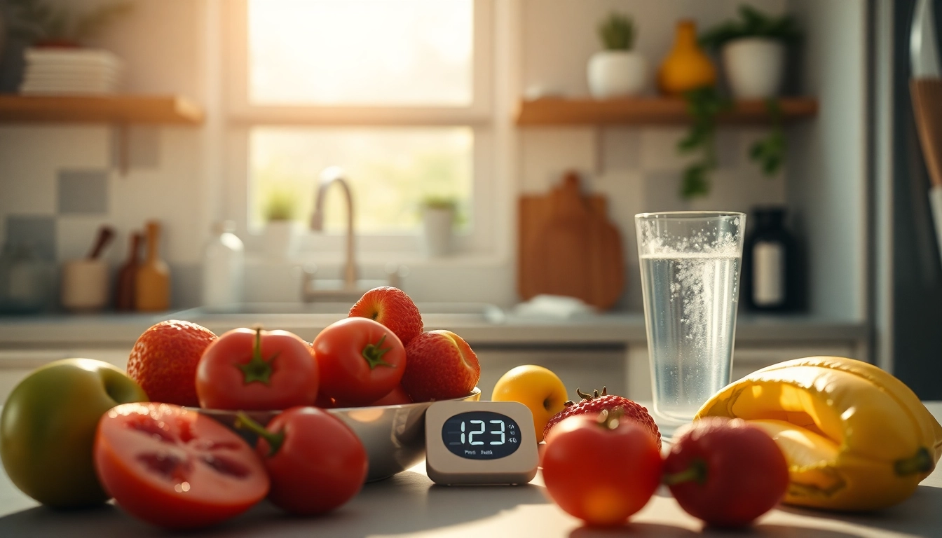 Cuisine saine avec des fruits frais et un minuteur pour jeûne intermittent, évoquant un style de vie sain.