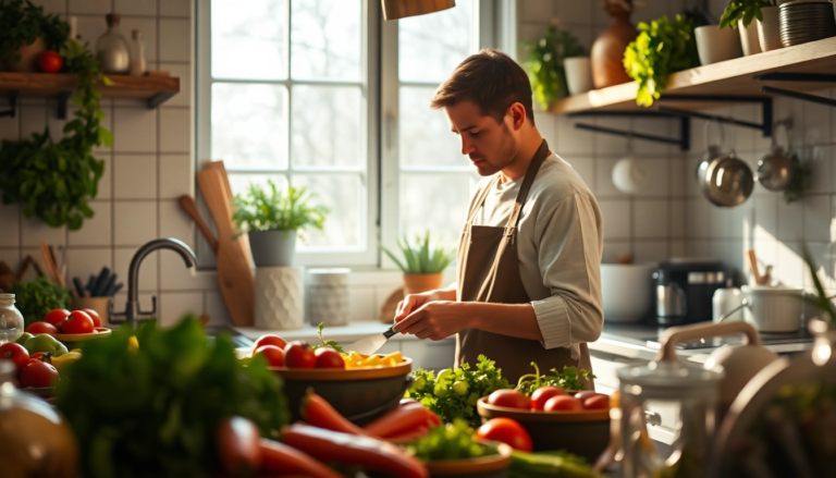 Personne cuisinant dans une cuisine moderne, illustrant l'importance de la NEAT dans les activités quotidiennes.