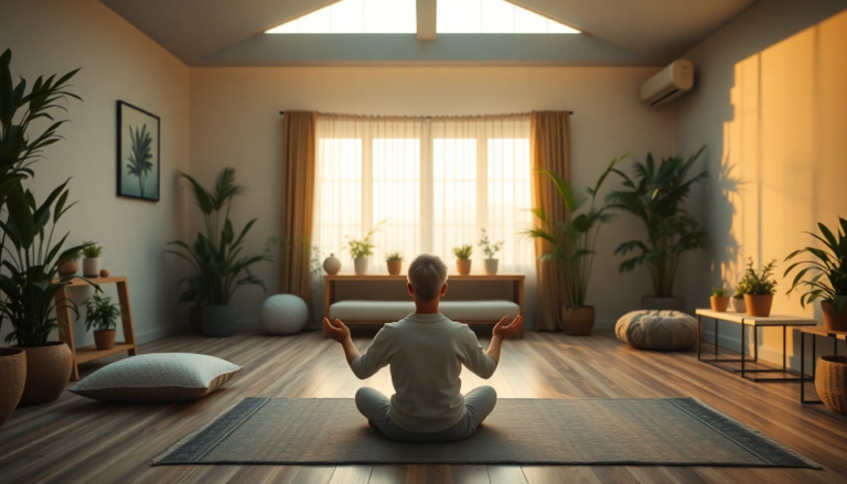 Espace intérieur tranquille pour la méditation avec une personne pratiquant la pleine conscience, mettant en avant le bien-être et la relaxation.