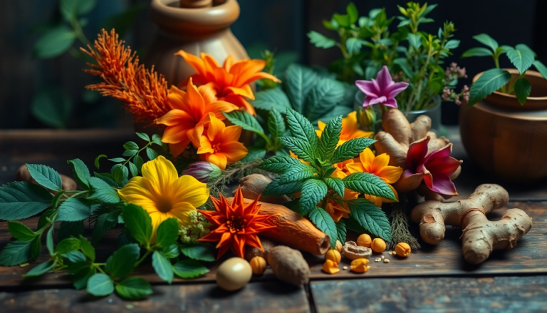 Mélange de plantes médicinales comme l'absinthe, le curcuma et le gingembre sur une table en bois, symbolisant le bien-être naturel.