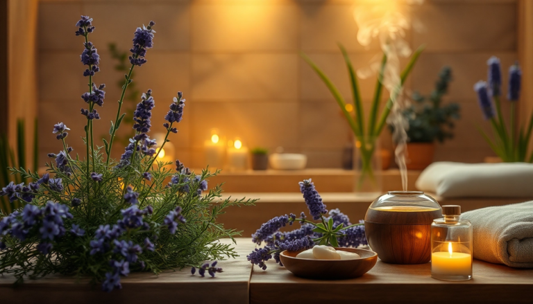 Ambiance relaxante avec des plantes comme la valériane et huiles essentielles, créant un espace apaisant pour favoriser le sommeil.