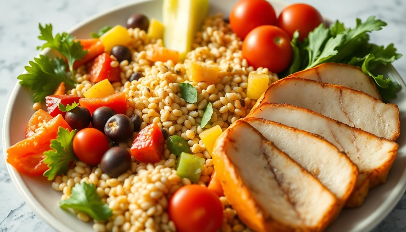 Plat de repas sain équilibré avec des légumes colorés, des céréales et des protéines maigres pour une perte de poids durable.