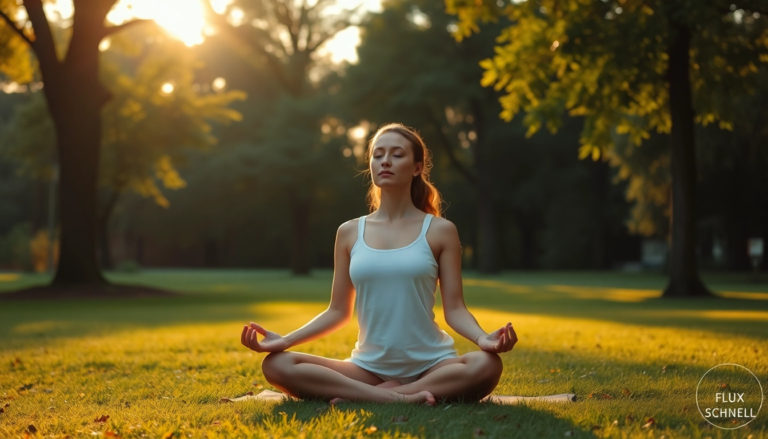 Pratiquant de yoga méditant dans un parc verdoyant, soulignant la paix et l'équilibre dans un cadre naturel.